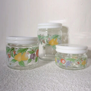 Vintage 80s KIG Indonesia Glass Fruit Flower Canister Set  (3)